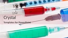  Presentation with multicolor - Audience pleasing PPT layouts consisting of virus background only - many multicolor syringes medical concept backdrop and a coral colored foreground