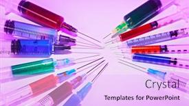  Presentation with multicolor - Audience pleasing presentation theme consisting of many-multicolor-syringes-medical-concept backdrop and a lavender colored foreground