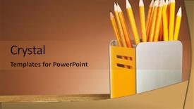  Presentation with color pencils - Slide set featuring many pencils in metal holder on wooden table and shaded color background background and a red colored foreground