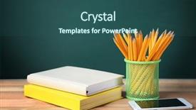  Presentation with pencils - Presentation having many pencils in the metal holder on wooden table on green board background background and a ocean colored foreground