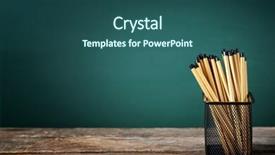  Presentation with pencils - Theme with many pencils in the metal holder on wooden table on green board background background and a ocean colored foreground