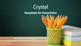  Presentation with pencils - Presentation theme having many pencils in the metal holder on wooden table on green board background background and a ocean colored foreground