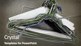  Presentation with closet - Amazing slide set having many several metal wire hangers on pole for hanging clothing in closet storage backdrop and a dark gray colored foreground