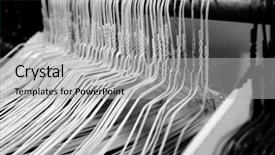  Presentation with closet - Colorful presentation theme enhanced with many several metal wire hangers on pole for hanging clothing in closet storage backdrop and a light gray colored foreground