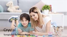  Presentation with indian mother son - Slide deck with many skills - mother with son painting while background and a coral colored foreground