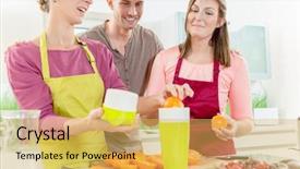  Presentation with orange juice - Colorful presentation theme enhanced with many skills - smiling man looking at women backdrop and a  colored foreground