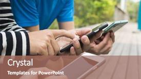  Presentation with multicultural people together - PPT theme featuring many small groups - group of people using smartphone background and a coral colored foreground