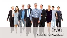  Presentation with team skills - Slide set consisting of many small groups - happy businessman going in front background and a light gray colored foreground
