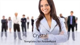  Presentation with team - PPT theme having many small groups - happy young business woman standing background and a light blue colored foreground