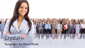  Presentation with team - Theme with many small groups - happy young business woman standing background and a light blue colored foreground