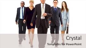  Presentation with businessmen overcome financial crisis - Presentation theme having many small groups - happy young businessmen standing background and a  colored foreground