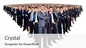  Presentation with group - Presentation design featuring many small groups - large group of people full background and a white colored foreground