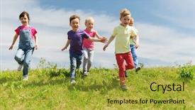 Presentation with kids playing - Cool new presentation theme with many small groups - summer childhood leisure and people backdrop and a gold colored foreground