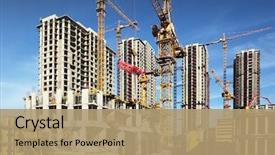  Presentation with tall buildings cranes - PPT theme with many tall buildings under construction background and a coral colored foreground