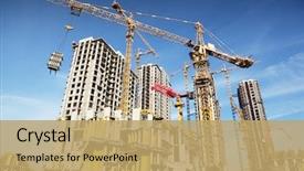  Presentation with tall buildings cranes - PPT theme featuring many tall buildings under construction background and a coral colored foreground