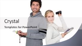  Presentation with ready - Colorful theme enhanced with map compass binoculars - couple ready for a mountain backdrop and a white colored foreground