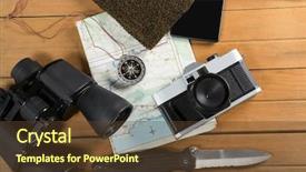  Presentation with compass map - PPT theme with map compass binoculars - overhead view of various travelling background and a tawny brown colored foreground