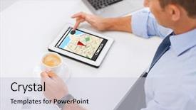  Presentation with coffee - Presentation design consisting of map gps - businessman with tablet pc background and a lemonade colored foreground