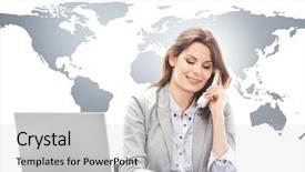  Presentation with global logistics - Beautiful slide set featuring map logistics - beautiful business woman answering international backdrop and a light gray colored foreground