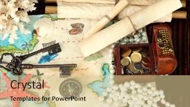  Presentation with treasure islands pirates map - PPT theme with rare coins - map of treasures on dark background and a  colored foreground