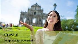  Presentation with macau - PPT theme with young woman go macau background and a gold colored foreground