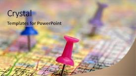  Presentation with map - Presentation enhanced with map with thumb tacks showing background and a  colored foreground