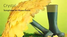  Presentation with green maple leaves - Beautiful slide set featuring maple leaves umbrella with gumboots on green grass backdrop and a yellow colored foreground