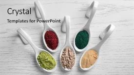  Presentation with colorful - Slide set with maqui berry - various colorful superfood powders background and a light gray colored foreground