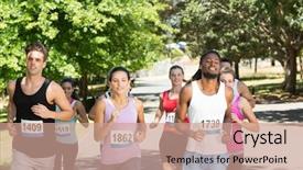  Presentation with marathon running race - Audience pleasing presentation consisting of marathon runner - fit people running race backdrop and a coral colored foreground