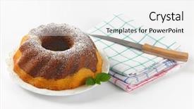  Presentation with cake bundt - Colorful presentation design enhanced with marble bundt cake kitchen knife and checkered dishtowels on white background backdrop and a white colored foreground