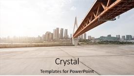  Presentation with suspension - Slide deck enhanced with empty marble floor and modern suspension bridge over river in chongqing in cloud sky background and a soft green colored foreground