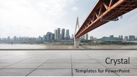  Presentation with suspension bridge - Slide set consisting of empty marble floor and modern suspension bridge over river in chongqing in cloud sky background and a light gray colored foreground