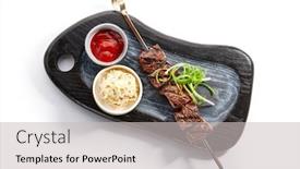  Presentation with spicy food - Presentation featuring marbled-beef-skewer-top-view background and a light gray colored foreground