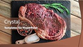  Presentation with prime ribs - Audience pleasing PPT theme consisting of marbling-ribeye-steak-on-wooden backdrop and a tawny brown colored foreground