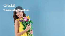  Presentation with brown tulips butterflies - Colorful presentation enhanced with march birthday - beautiful woman holding bouquet backdrop and a light blue colored foreground