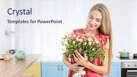  Presentation with war roses tudor rose - PPT theme with march birthday - beautiful young woman with bouquet background and a sky blue colored foreground