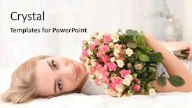  Presentation with red roses rose garden - PPT theme consisting of march birthday - beautiful young woman with bouquet background and a cream colored foreground