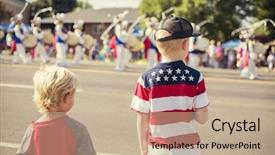  Presentation with marching band - Slide set with marching band - kids watching an independence day background and a mint green colored foreground