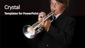  Presentation with black youth - Slide set having marching band - youth playing his trumpet background and a dark gray colored foreground