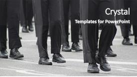  Presentation with marching band - PPT layouts having human hand holding shining electric bulb and infographs on wall background and a sky blue colored foreground