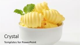  Presentation with herb - Audience pleasing theme consisting of margarine - butter shavings decorated with leaf backdrop and a light gray colored foreground