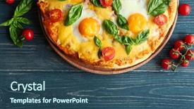  Presentation with pizza - PPT theme consisting of margarita pizza with basil leaves and egg on wooden table top view background and a ocean colored foreground
