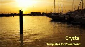  Presentation with seagull - Presentation theme having marina with docked yachts and silhouette of a seagull at sunset background and a tawny brown colored foreground