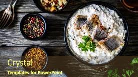  Presentation with cucumber cream - Slide deck featuring marinated-herring-fillets-in-cream background and a tawny brown colored foreground