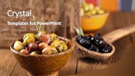  Presentation with ornament - Slide deck with marinated olives in bowls with moroccan ornament on wood shallow dof background and a red colored foreground