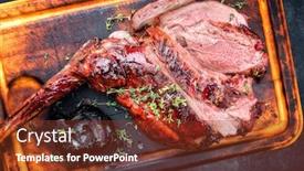  Presentation with burnt - Beautiful slide deck featuring marinated sliced barbecue aged leg of venison with onion as top view on rustic burnt cutting board backdrop and a tawny brown colored foreground