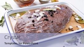  Presentation with german - Beautiful presentation design featuring marinated-traditional-german-sauerbraten backdrop and a light blue colored foreground