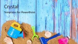  Presentation with beach toys on sand - Theme with marine animals frame - beach poster on wooden background background and a  colored foreground