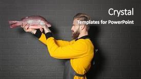  Presentation with fish - PPT layouts enhanced with marine aquaculture - handsome seller holding fresh fish background and a dark gray colored foreground