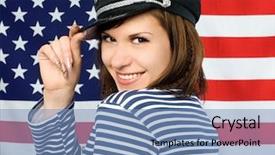  Presentation with american flag - Colorful theme enhanced with marine jobs - young beautiful coquettish sailor standing backdrop and a teal colored foreground